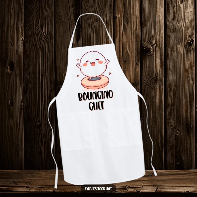 Funny apron featuring a smiling rice ball character joyfully bouncing on a springy cushion, adding a cheerful touch to any kitchen.