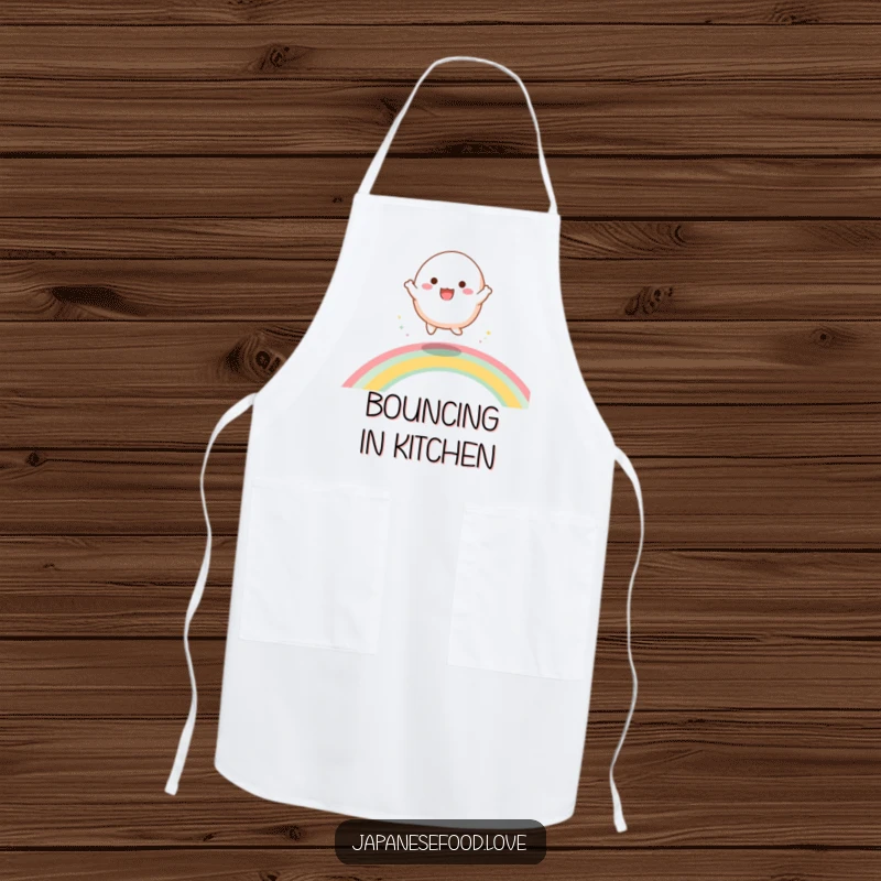 Funny apron depicting a happy mochi character energetically dancing and bouncing on a vibrant rainbow while cooking.