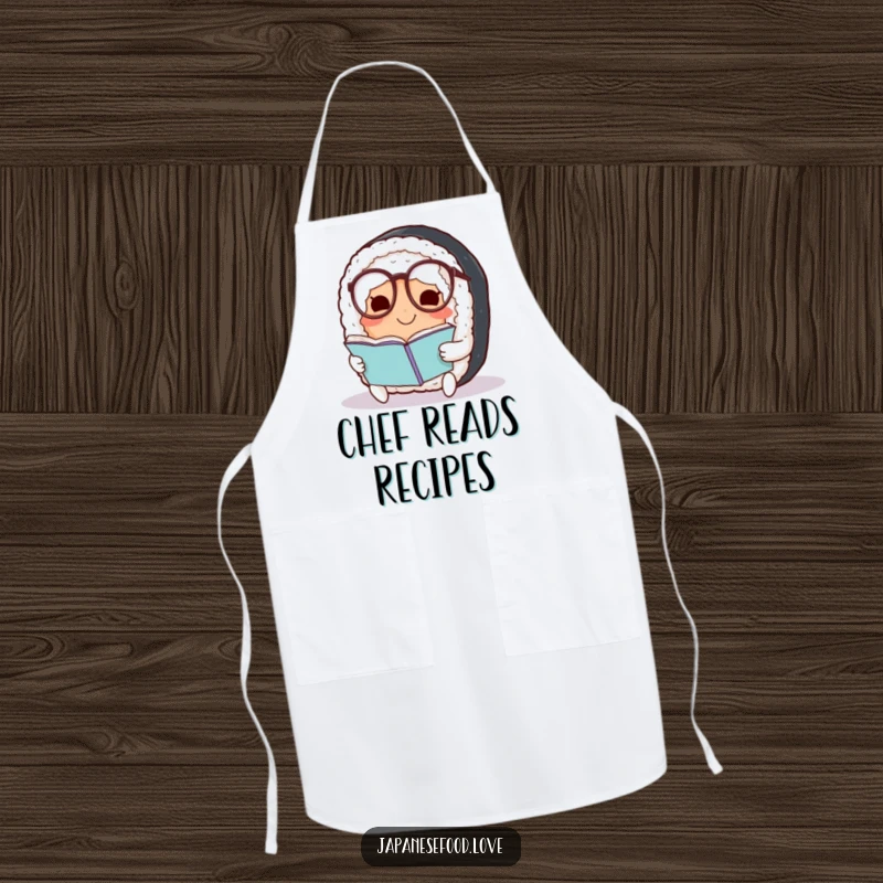 Funny Sushi Apron: Durable apron with a smiling sushi roll wearing spectacles, ideal for humorous and intelligent cooking.