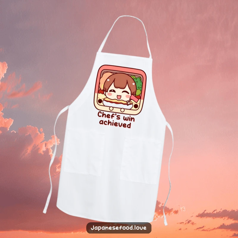 Funny kitchen apron with a happy bento box character winking and holding a flag, ideal for cheerful chefs.