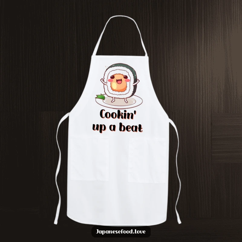 Funny Sushi Apron: a happy sushi roll with legs dances on a plate, ideal for kitchen fun with playful foodie humor.