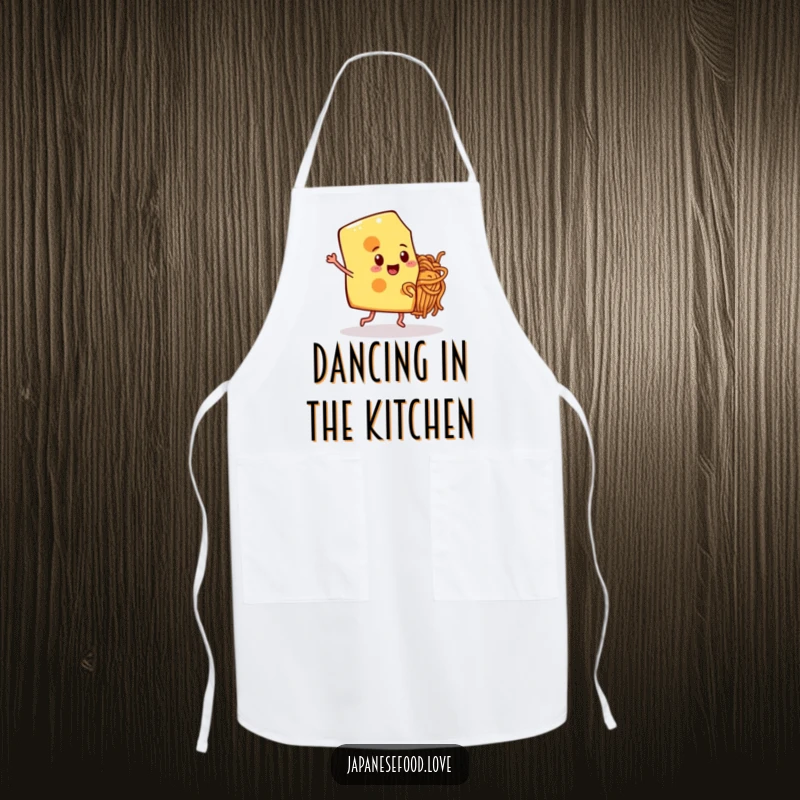 Funny apron design with a dancing cheese slice and noodle friend, perfect for culinary fun and protection.