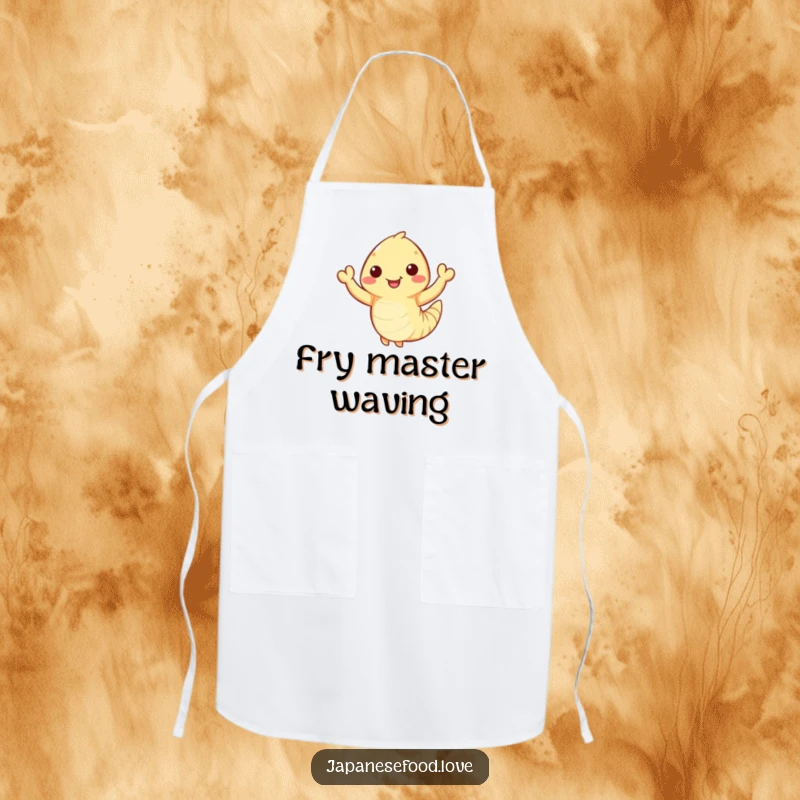 Funny Waving Tempura Shrimp Apron: Happy tempura shrimp with tiny arms waves enthusiastically, kitchen wear, seafood humor, funny gift.
