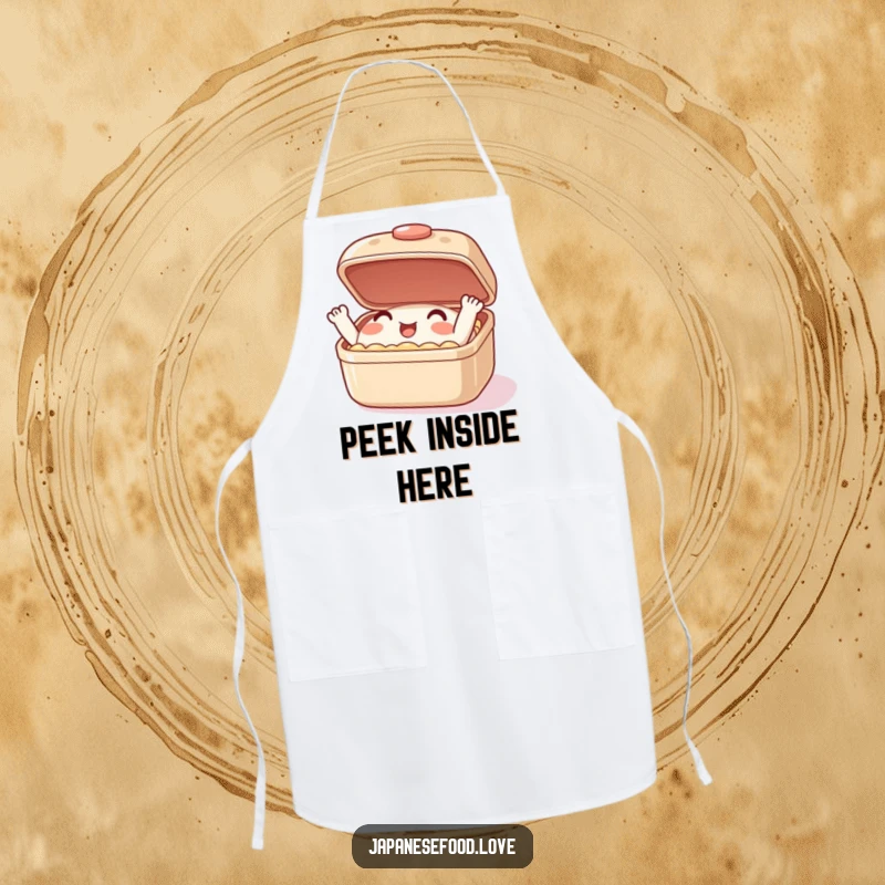 Funny apron showing a happy bento box character enthusiastically opening and closing its lid during culinary endeavors.