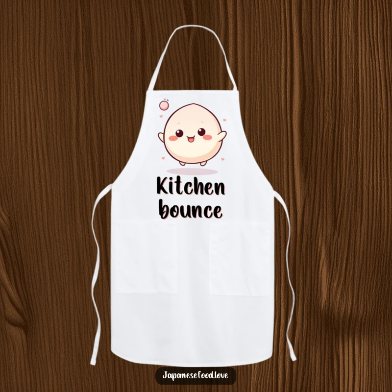 Funny Apron with a graphic of a cheerful mochi character bouncing like a rubber ball, perfect for cooks who love to have fun.
