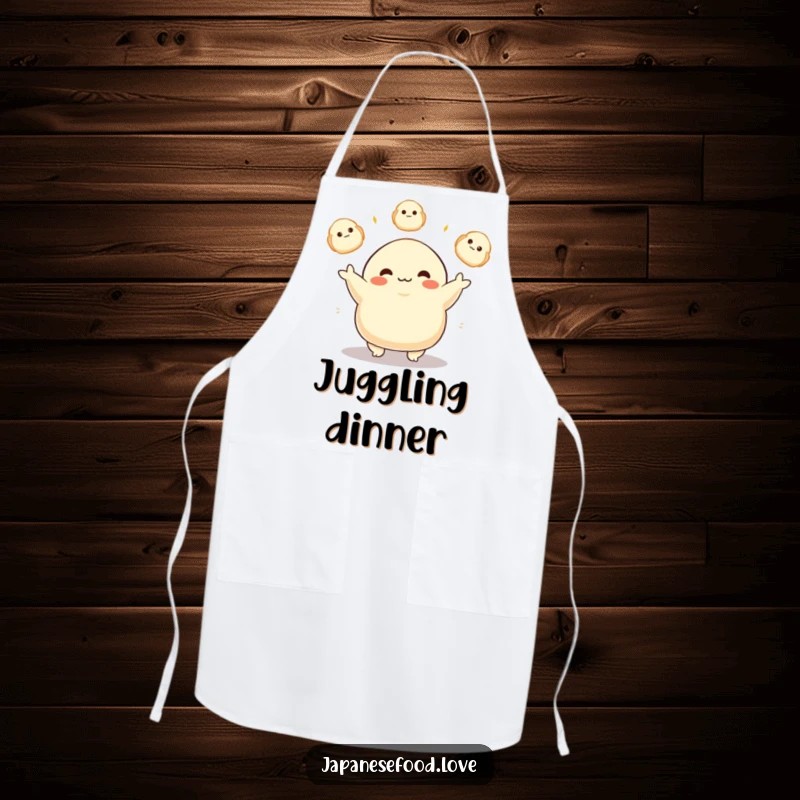 Funny apron featuring a plump dumpling character joyfully juggling glowing dumplings, adding a delightful and humorous touch to any kitchen.