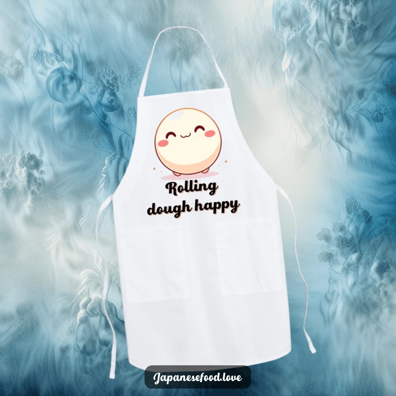 Funny apron with a giddy mochi ball character rolling with pure delight, ideal for a humorous cooking experience.