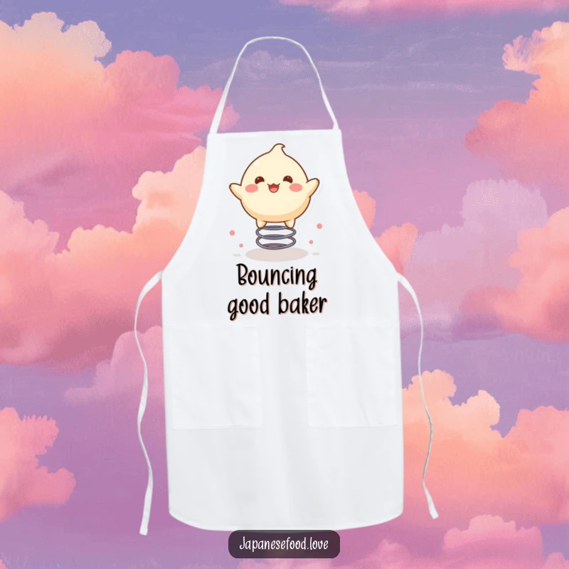 Funny apron showing a delighted mochi character joyfully bouncing on a spring, perfect for sweet kitchen creations.