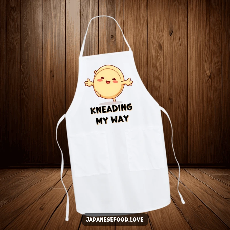 Funny apron showcasing a happy steamed bun character executing a fun cartwheel, perfect for kitchen fun and mess protection.