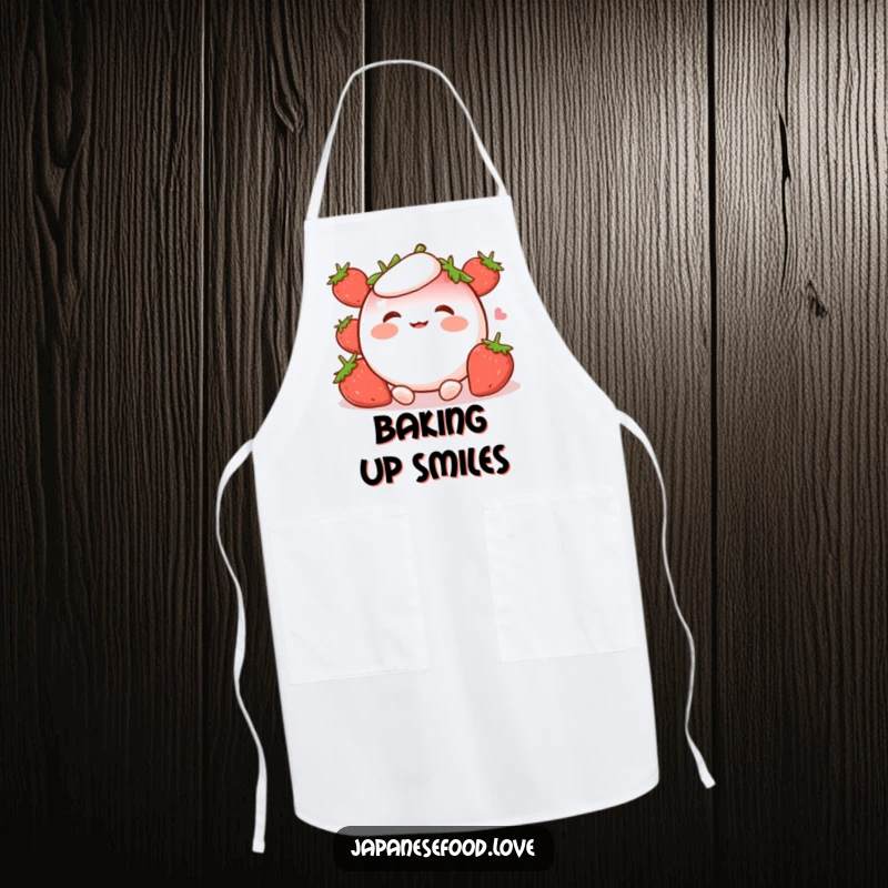 Funny Apron featuring a happy strawberry mochi character with rosy cheeks, giggling away while ready to help in the kitchen.