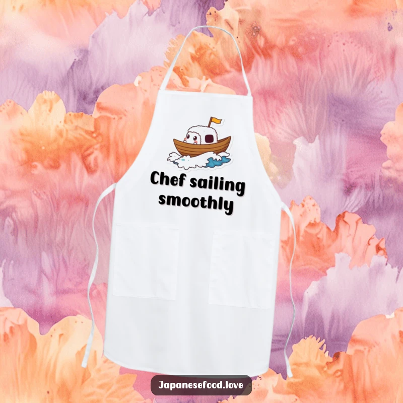 Funny apron showing a sushi boat character gleefully sailing on a tiny wave, perfect for adding maritime fun to cooking.