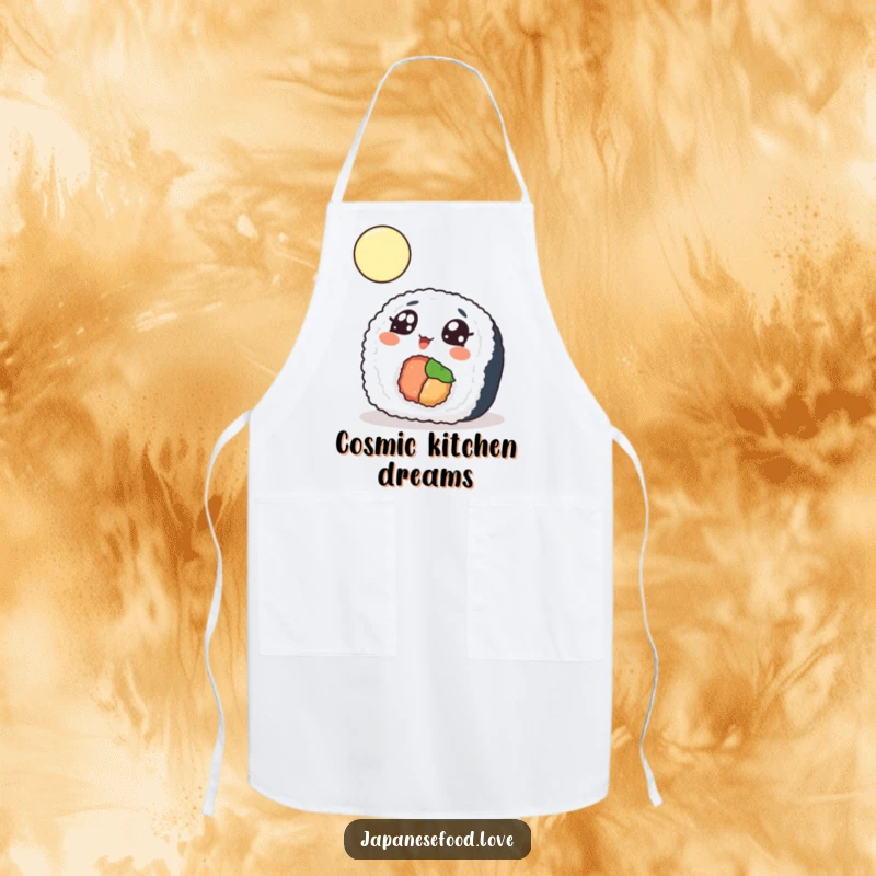 Funny Apron showing a sushi roll looking up at the moon, perfect for kitchen fun and staying clean.