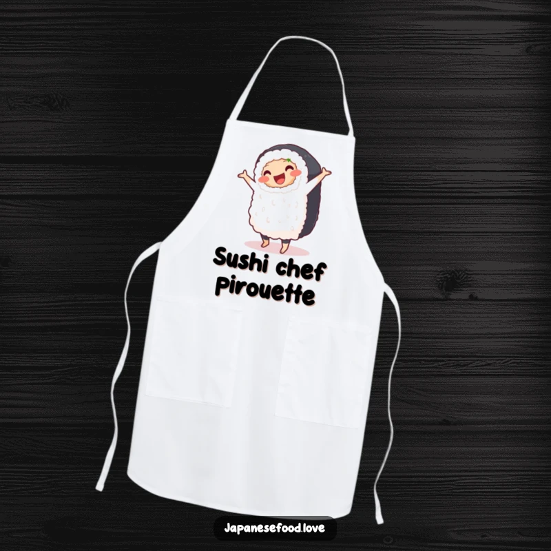 Funny kitchen apron showing a plump, smiling sushi roll doing a clumsy pirouette, perfect for adding humor while cooking.