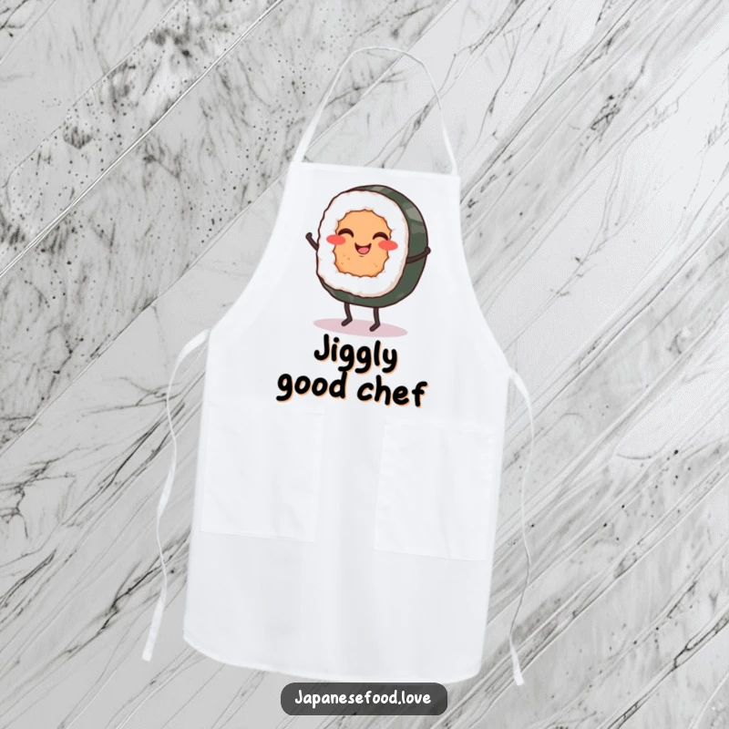 Funny apron illustrating a sushi roll with tiny legs happily dancing a jig, perfect for culinary entertainers.