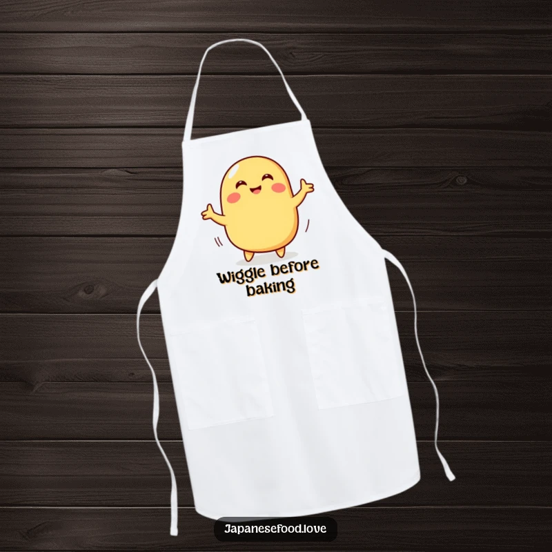 Funny apron with a smiling tamagoyaki character doing a wiggly dance, making cooking a fun and humorous activity.