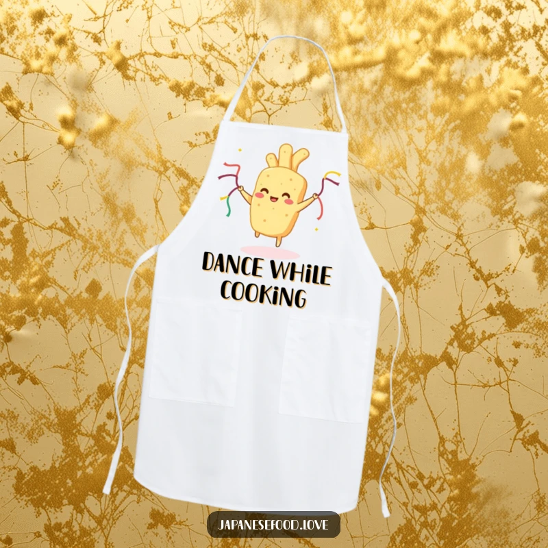 Funny Tempura Apron: Durable apron with happy fried food dancing with streamers, ideal for humorous and festive cooking.