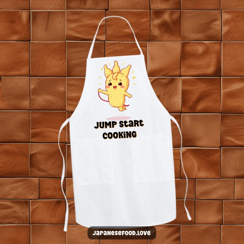 Funny apron with a radiant tempura piece joyfully jumping rope with its strand, ideal for a humorous cooking experience.