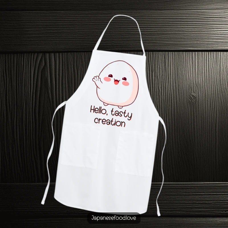 Funny onigiri apron showing a plump rice ball with rosy cheeks, offering a friendly wave, for kitchen fun.