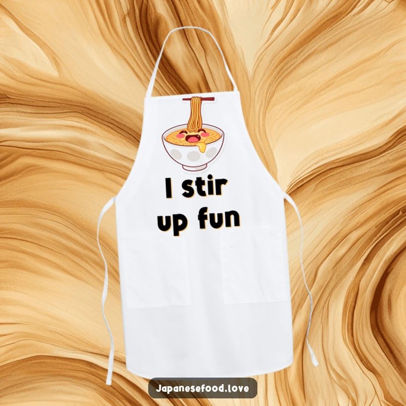 Funny apron depicting a joyful ramen bowl with a smiley face doing a happy bounce, perfect for a fun cooking experience.