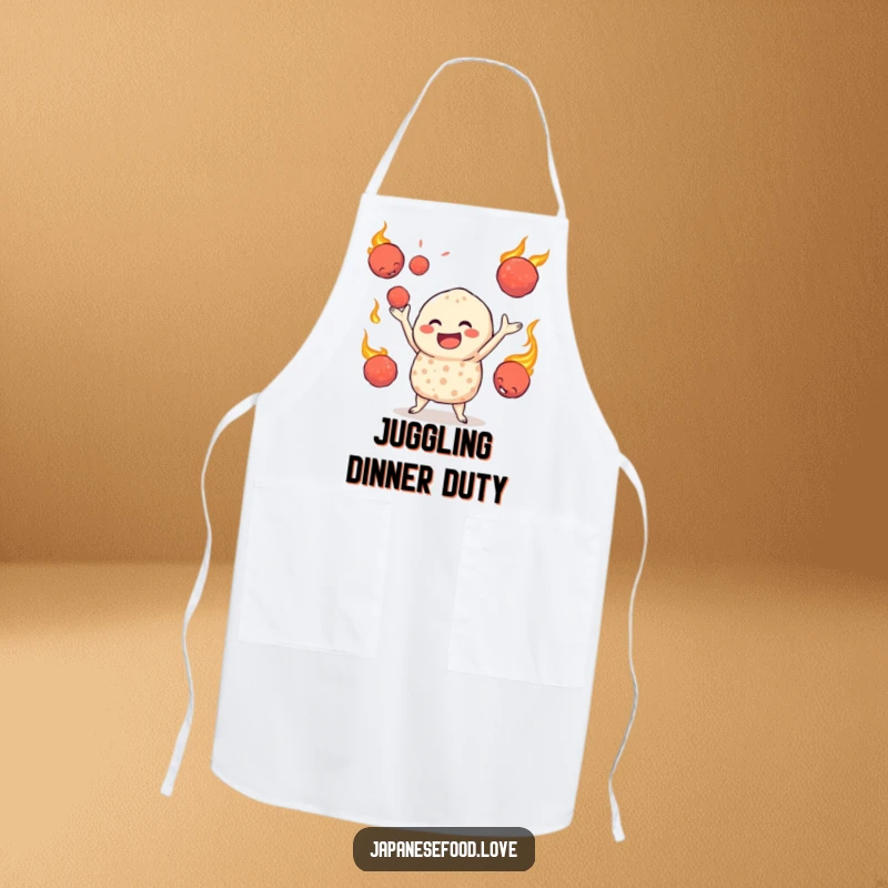 Funny apron featuring a jovial takoyaki character juggling hot octopus balls, perfect for chefs who like to add excitement to cooking.
