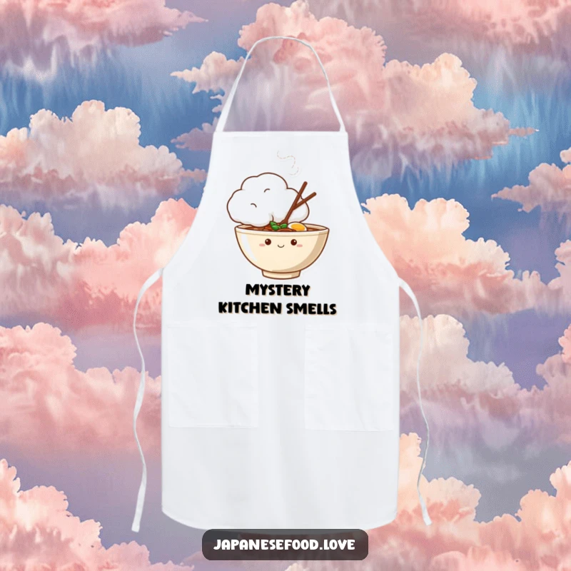 Funny apron with a shy ramen bowl character peeking from behind a steaming cloud, ideal for a humorous cooking experience.
