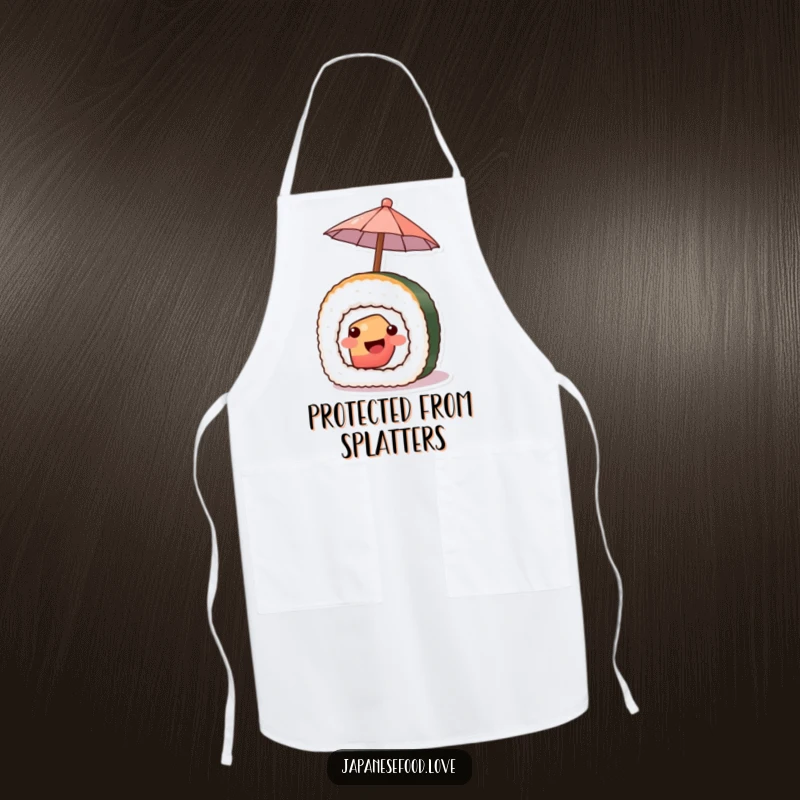 Funny apron with a smiling piece of sushi offering a tiny umbrella, perfect for a funny cooking session.