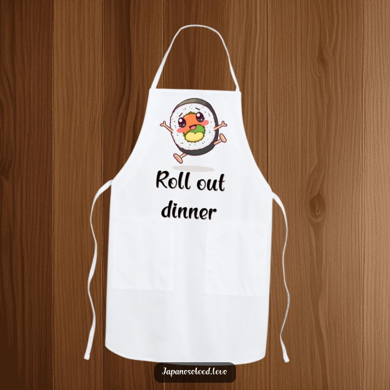 Funny cooking apron featuring a sushi roll character with googly eyes performing cartwheels, adding action and humor to the kitchen.