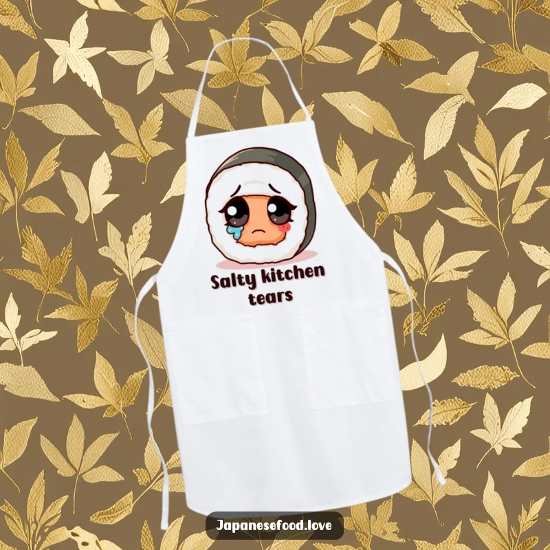 Funny sad cute sushi roll with giant eye wiping a tear on an apron, a humorous and practical kitchen accessory.