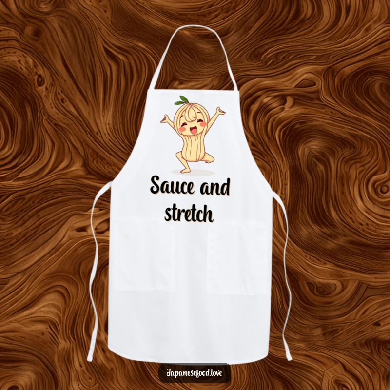 Funny wobbly ramen noodle apron, a character performing a yoga pose, humorous kitchen wear for cooking with a playful attitude.