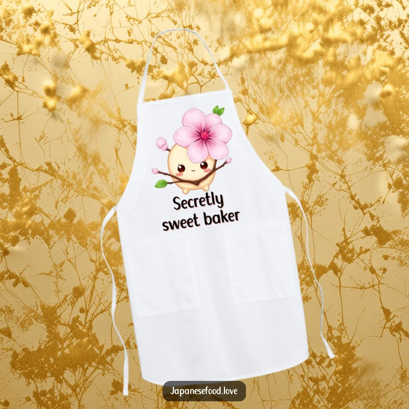 Funny apron with a shy mochi character, big eyes peeking from behind a cherry blossom, a cute and humorous kitchen accessory, great for a funny gift.