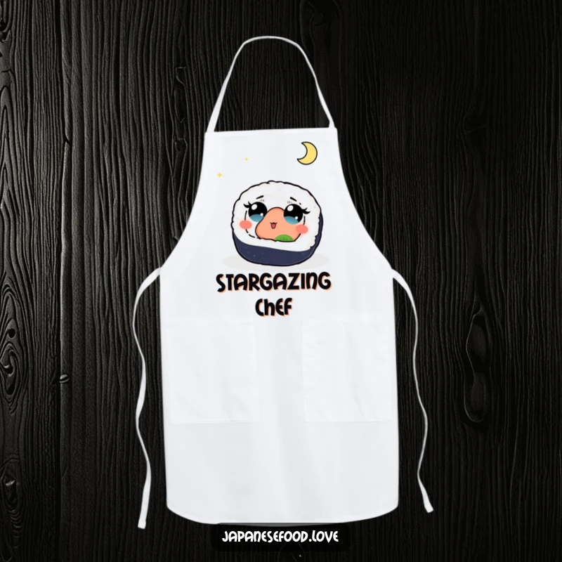 Funny apron depicting a sushi roll with wide, wondering eyes staring up at a luminous moon, a charming and humorous kitchen accessory.