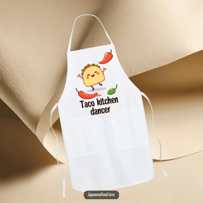 Funny kitchen apron showing a happy taco with tiny legs doing a silly jig near a chili pepper, perfect for kitchen fun.