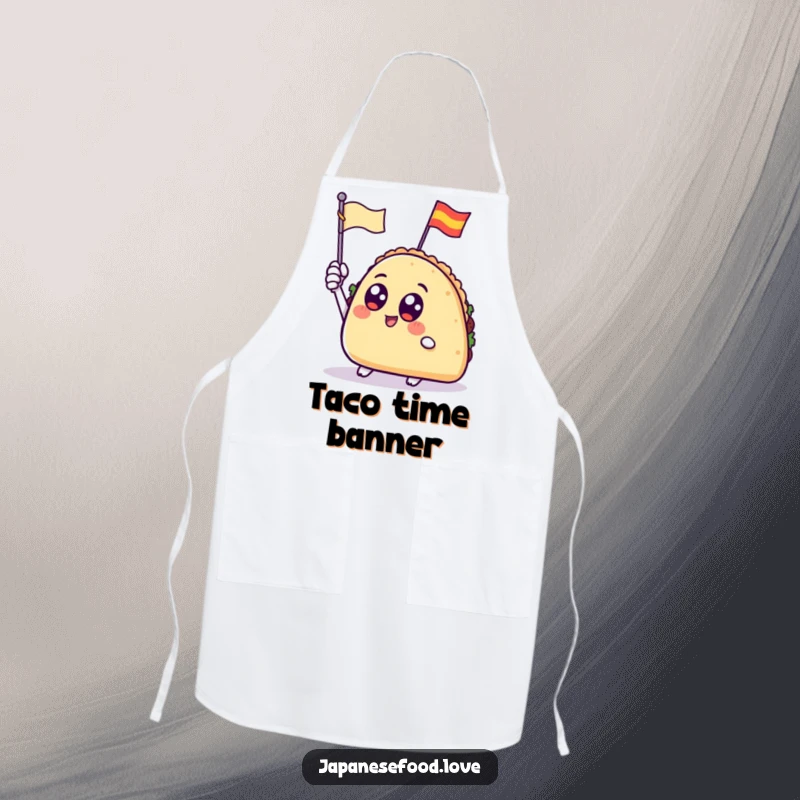 Funny apron design with a taco waving a tiny flag, perfect for kitchen fiesta fun.