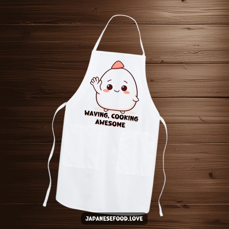 Funny apron showing a smiling onigiri character in a small hat waving enthusiastically, ready for kitchen fun.