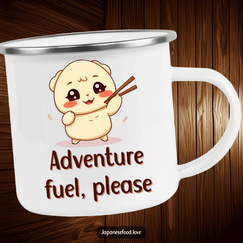 Funny camping mug showcasing a determined dumpling comically trying to juggle chopsticks, perfect for outdoor enthusiasts.
