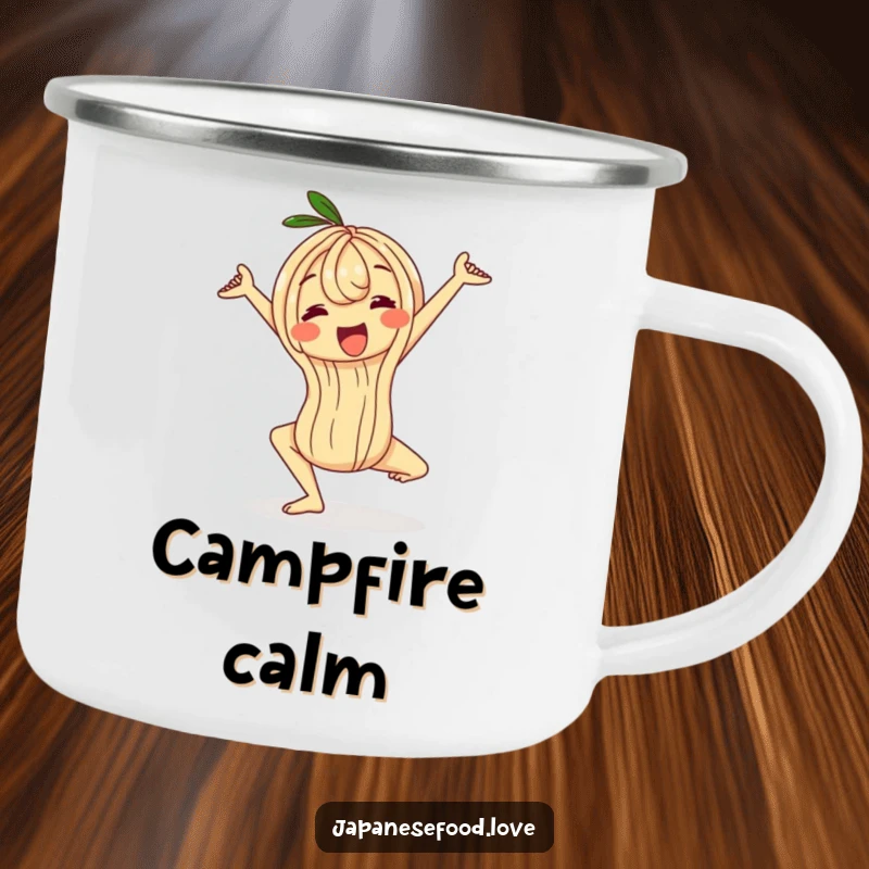 Funny wobbly ramen noodle camping mug, a character stretching in a yoga pose, rugged and amusing drinkware for outdoor enthusiasts.