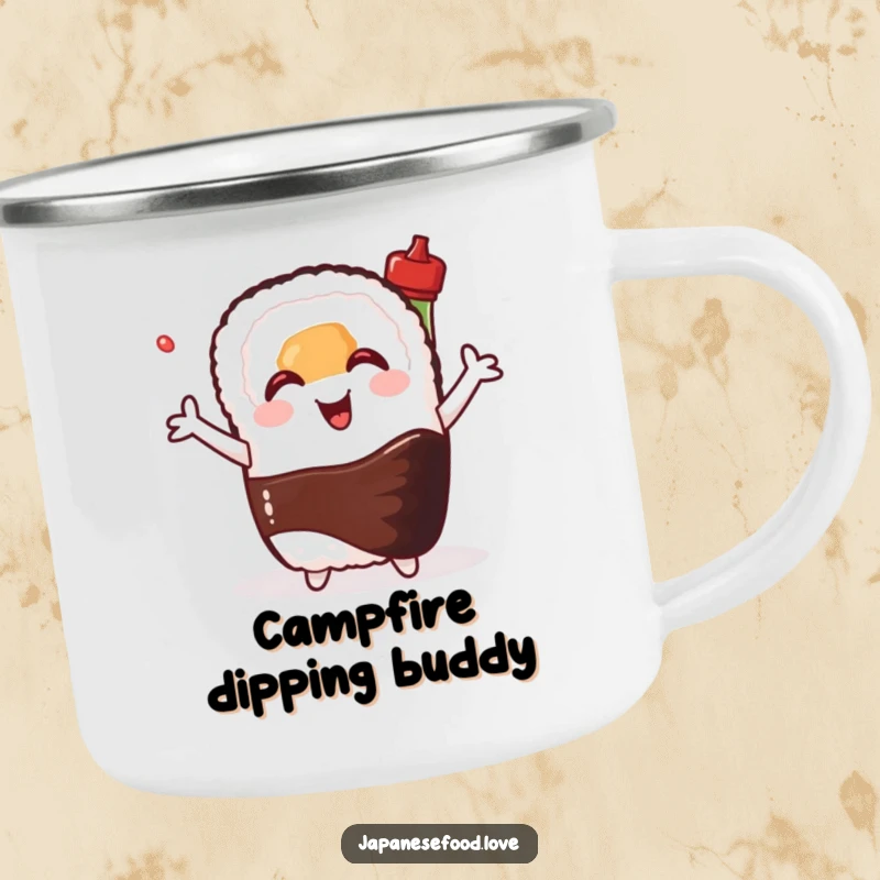 Funny camping mug featuring a happy sushi roll hugging a smiling soy sauce bottle, durable and humorous for outdoor enjoyment.