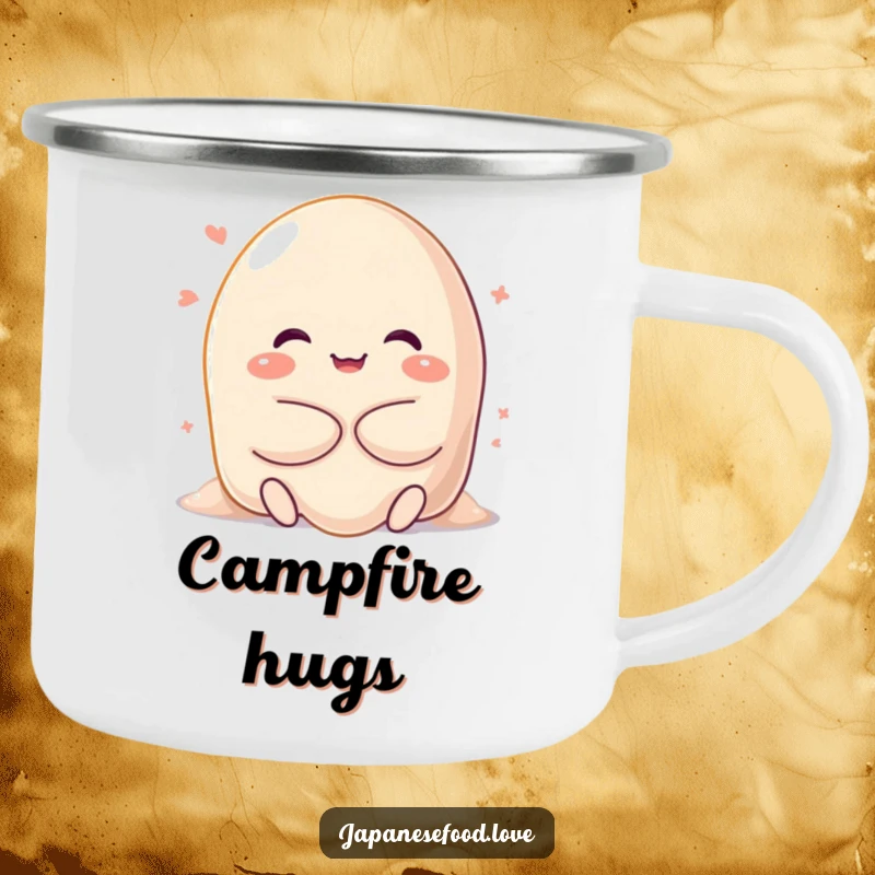 Funny camping mug with a happy, sweet mochi character melting into a gooey hug, ideal for outdoor enthusiasts who appreciate adorable comfort and humor.