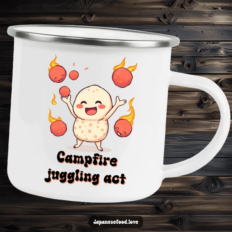 Funny camping mug of a jovial takoyaki character juggling fiery octopus balls, perfect for enjoying hot drinks during outdoor adventures.