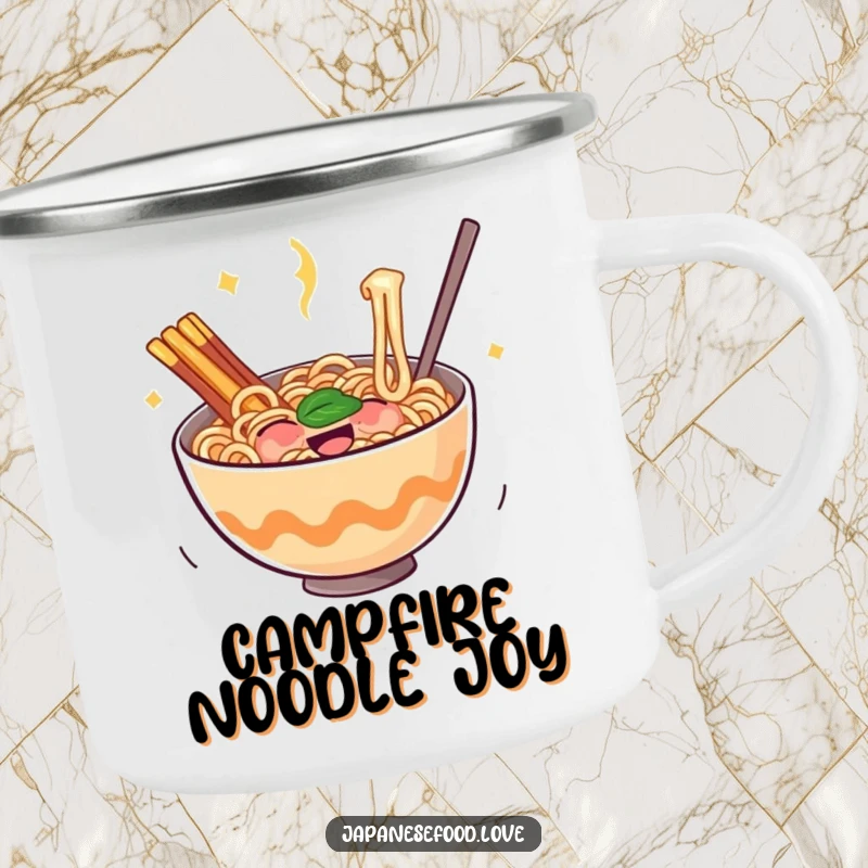 Funny ramen camping mug with a bouncing bowl of noodles filled with glee, perfect for cozy campfire moments.