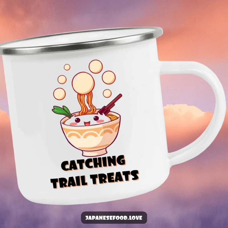 Funny camping mug with a playful ramen bowl character catching dango balls, durable and full of cheer.