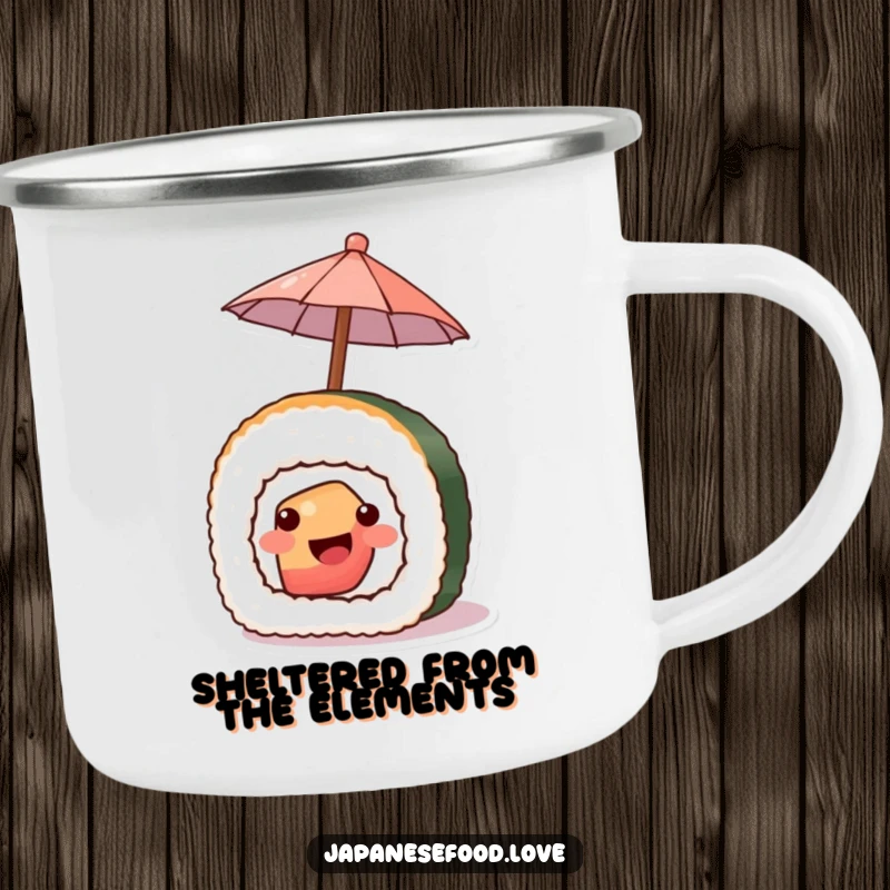 Funny camping mug with a smiling piece of sushi holding a tiny umbrella, ready for outdoor adventures.