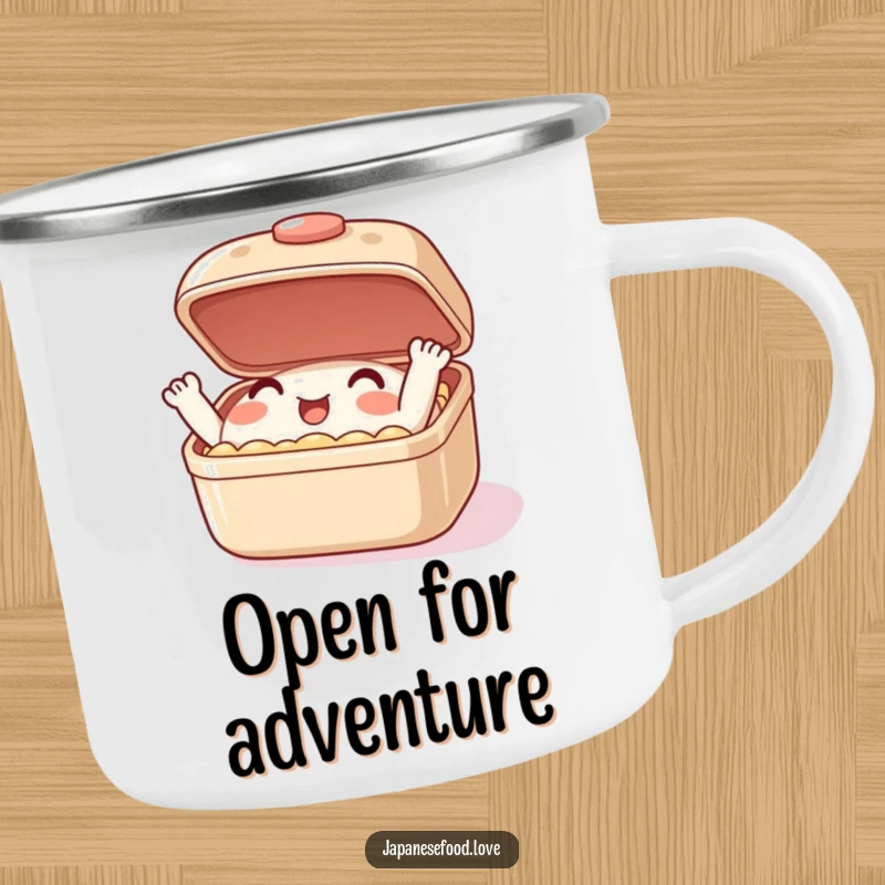 Funny camping mug featuring an excited bento box character enthusiastically opening and closing its lid, ideal for outdoor enjoyment.