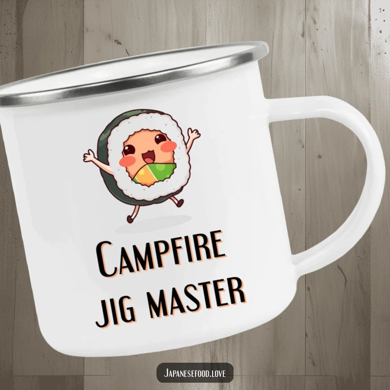 Funny Dancing Sushi Roll Camping Mug: Sushi roll with tiny legs dancing a jig, outdoor cup, food humor, funny gift.