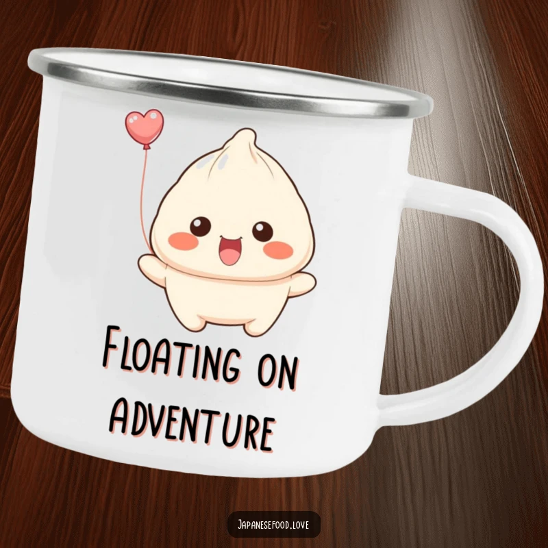 Funny dumpling with wide smile attempting to float away like a balloon on a camping mug, perfect for humorous outdoor moments.