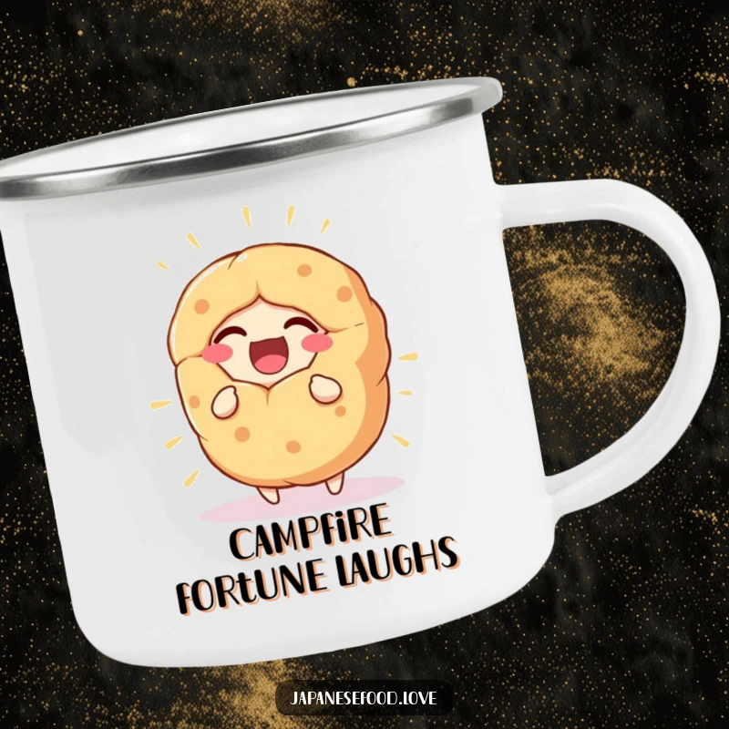 Funny Camping Mug featuring a giant fortune cookie character laughing heartily, perfect for enjoying drinks outdoors with cheer.