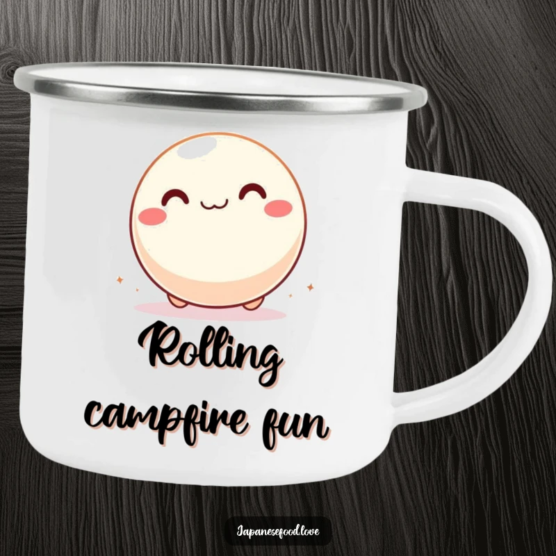 Funny camping mug with a giddy mochi ball character rolling with pure delight, perfect for outdoor enjoyment.
