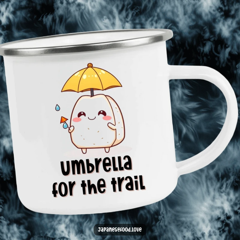 Funny onigiri character smiling, holding an umbrella over a raindrop, durable camping mug for outdoor fun.