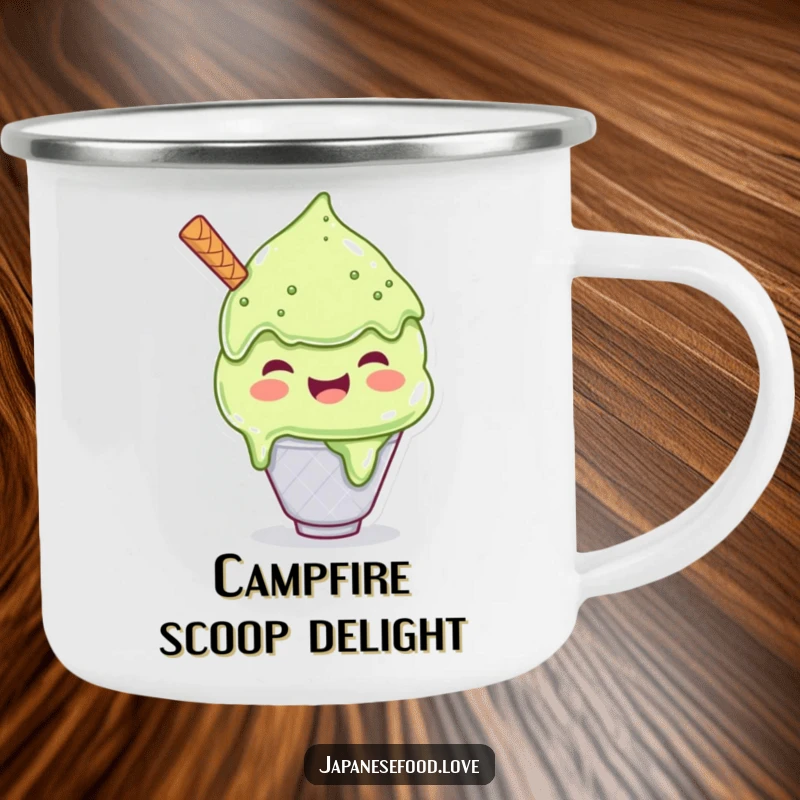 Funny camping mug of a joyful matcha ice cream character scooping a huge portion, perfect for hot beverages during outdoor adventures.