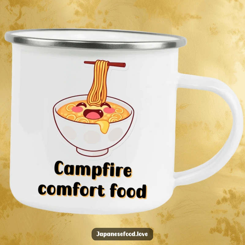 Funny camping mug featuring a joyful ramen bowl with a smiley face doing a happy bounce, perfect for outdoor enthusiasts.